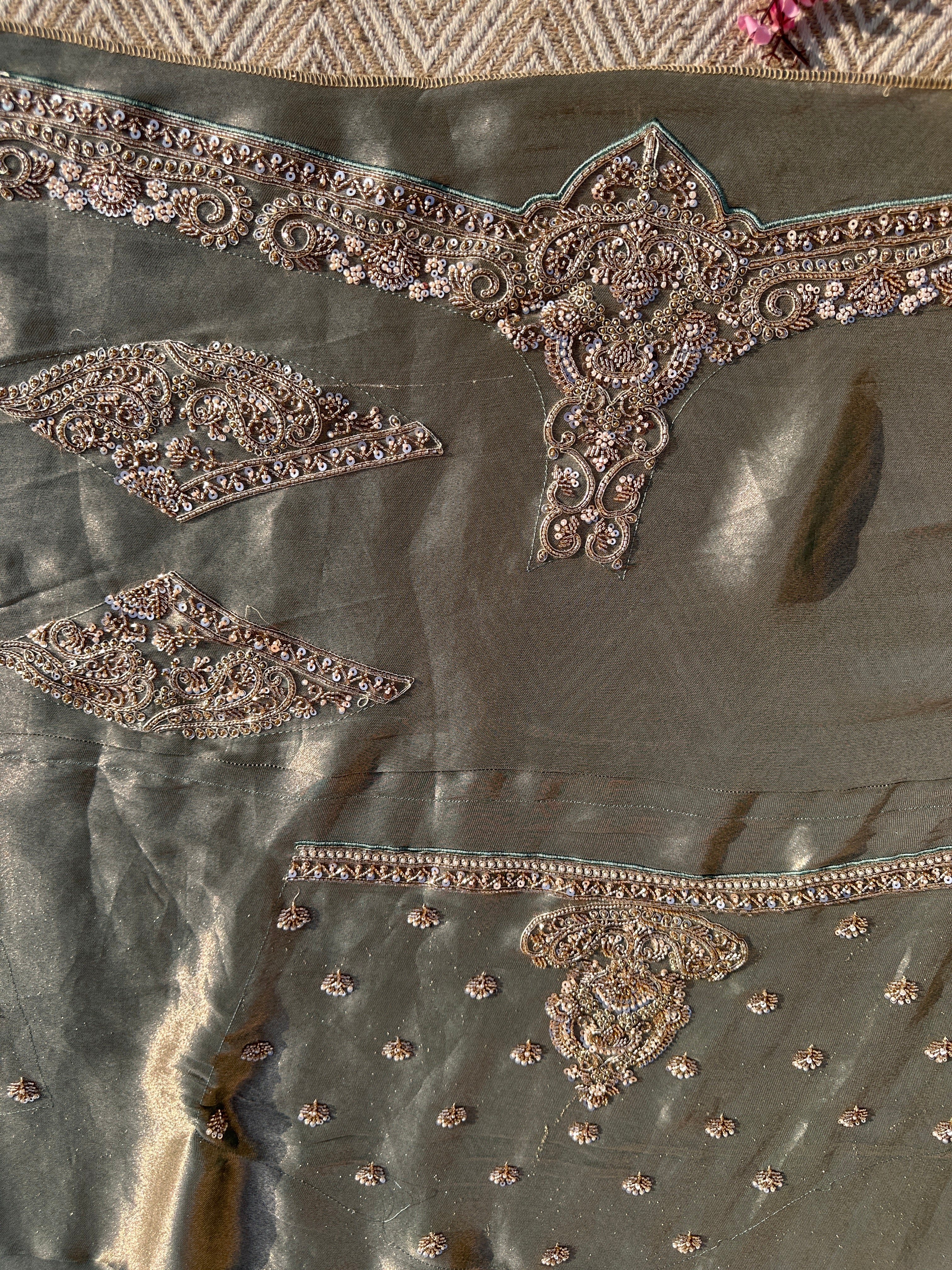 Sky Green Tissue Saree with Unstitched Blouse with Cutwork, Sequins, Cutdana and Dabka Embroidery 10